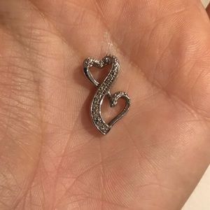Double heart pendant real diamonds set in silver